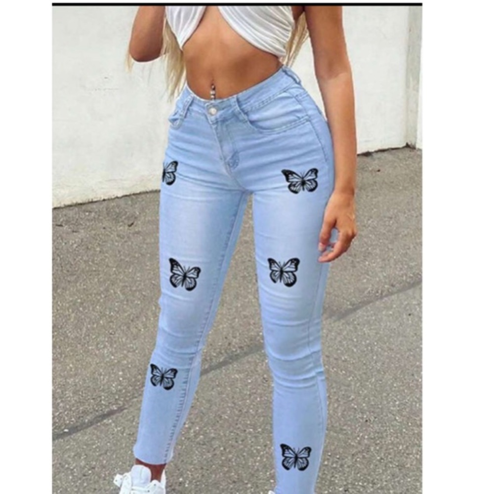 Shein Butterfly Print Casual Skinny Jeans - Picture 2 of 5